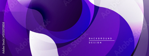 Abstract fluid shapes overlap, creating dynamic purple, white gradients. Modern design evokes movement, depth, visual interest.