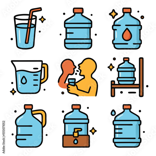Gallon water icons show different ways to store and drink water.