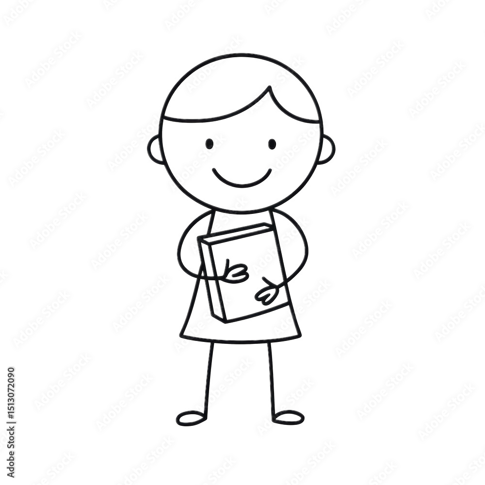 Stick Figure Student with Book: A whimsical black and white stick figure illustration of a student holding a book, radiating an aura of simple joy and eagerness to learn. Stick Figure Student with Book: A whimsical black and white stick figure illustration of a student holding a book, radiating an aura of simple joy and eagerness to learn.
