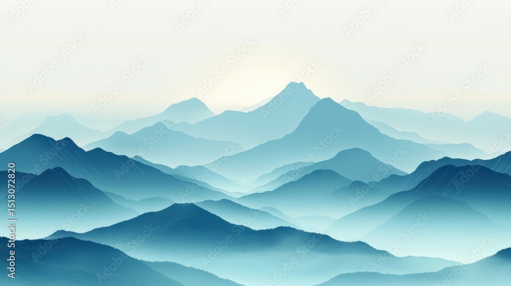 Obraz premium Explore a tranquil mountain landscape featuring layered blue hills and soft fog. The serene atmosphere evokes a sense of peace and natural beauty.