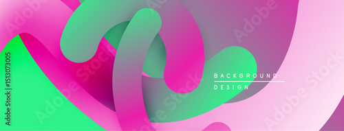 Abstract fluid shapes, vibrant pinks, greens create dynamic composition. Modern design, smooth gradients suggest movement, depth.