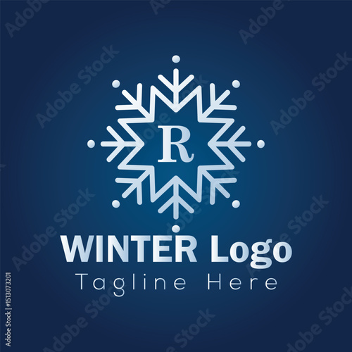 Christmas card design featuring a snowflake icon on a winter holiday background, perfect for seasonal celebrations winter R logo design