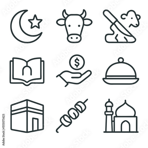 eid al-adha icon set in line style. collection of islamic holiday, sacrificial feast, islamic tradition, giving charity, festive meal, hajj pilgrimage, qurbani meat, mosque visit. editable stroke