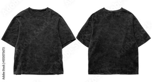 Blank oversized shirt with washed out texture, front and back with black color and isolated in white background, for mockup template or print