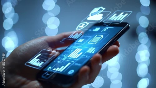 Hand Holding Smartphone Displaying Digital Data And Icons With Bokeh Lights Creates Futuristic Technology Concept