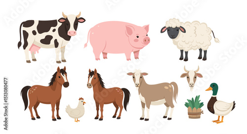 Illustration of farm animals including a cow pig sheep horses chicken goat and duck on white background