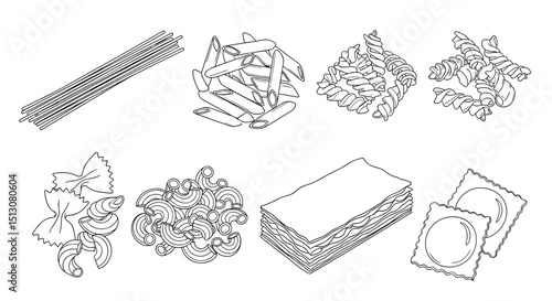 Illustration of various types of pasta including spaghetti penne fusilli farfalle elbow lasagna and ravioli