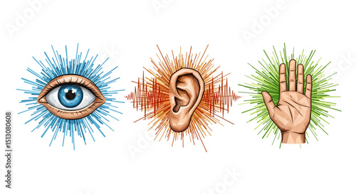 Illustration of human senses featuring an eye, ear, and hand with radiating lines around each one