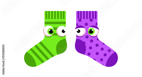 Cartoon socks with googly eyes in green and purple with different patterns are displayed here