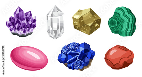 Illustration of seven assorted colorful gemstones and minerals on a white background view from above