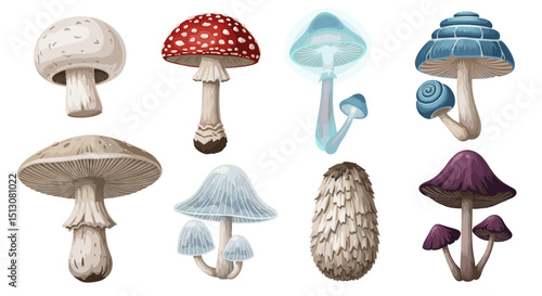 Illustration of eight different types of mushrooms with varying colors and shapes on a white background