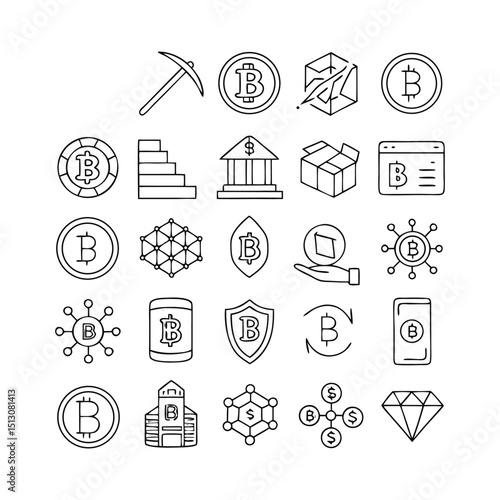 Cryptocurrency Line Icons – Bitcoin, NFT, Blockchain, Token, and DeFi Technology – Editable Stroke Vector Collection