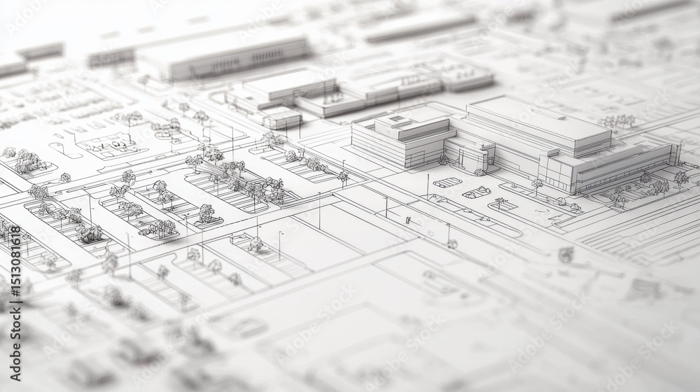 Architectural blueprint showcasing a commercial development with detailed layout and landscaping elements Architectural blueprint showcasing a commercial development with detailed layout and landscaping elements