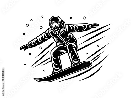 Minimalist line drawing of a person skiing with a helmet on black background