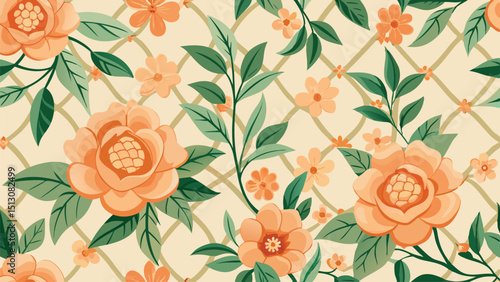 Elegant Vintage Inspired Orange Peony and Jasmine Floral Pattern on a Cream Diamond Trellis Background