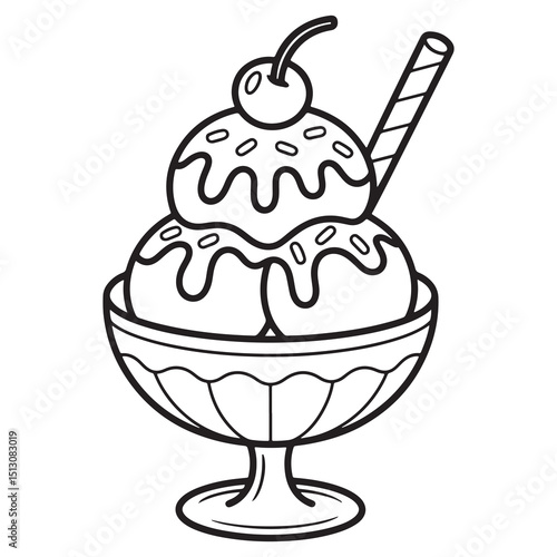 Ice Cream Sundae in Glass Bowl with Cherry | Summer Dessert Line Art Coloring Page