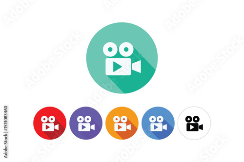Set of colorful flat design cinema or video camera icons representing film making and production