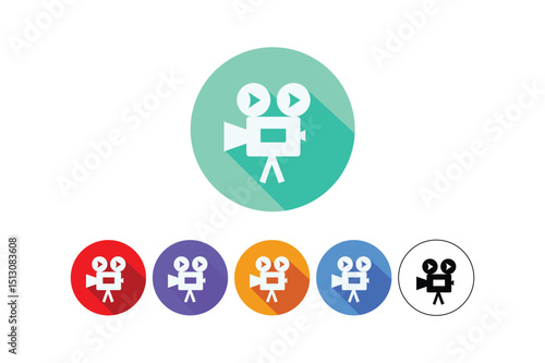 Colorful set of vector camera icons representing movie production and video recording