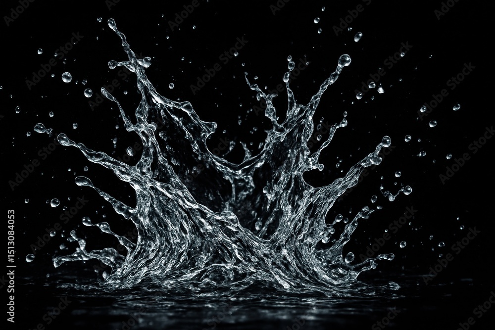Fototapeta premium Dynamic Water Splash: Capturing the essence of motion, a splash of water bursts outwards against a stark, dark backdrop, showcasing the intricate beauty of fluid dynamics and the elegance of nature.