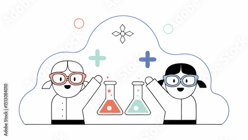Two girls scientists experimenting in a lab with flasks
