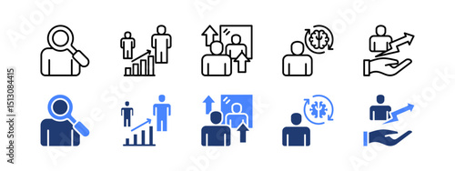 Life transformation icon set with Exploration, Human Evolution, Self Reflection, Mindset, Personal Development.