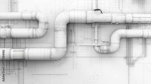 Detailed blueprint of industrial piping system with intricate designs and layout plans in monochrome colors