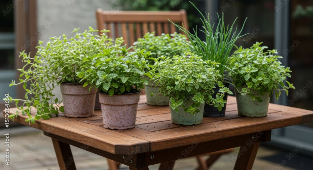 Fototapeta premium Assortment of Potted Herbs on Wooden Table