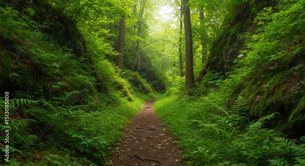 Obraz premium Lush Green Forest Path Sunlight Dappled Trail