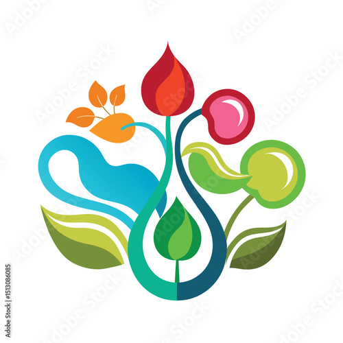 Stylized floral abstract composition with vibrant colors depicting natural elements perfectly