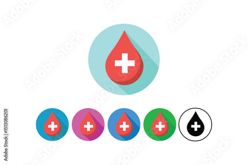 Vector illustration of blood drop icon with cross symbol and colorful variants for medical concepts