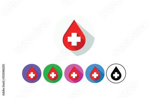 Blood donation symbol with medical cross inside drop shape and multiple color variations available