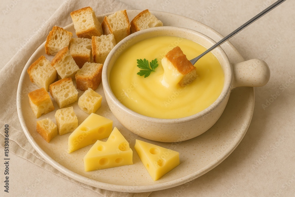 Traditional Swiss cheese fondue with bread cubes in rustic bowl. AI-generated. Traditional Swiss cheese fondue with bread cubes in rustic bowl. AI-generated.