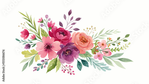 Romantic watercolor bouquet of carnations, lilies, and spring flowers in a horizontal border format for elegant Mother's Day or wedding invitation design templates and print materials