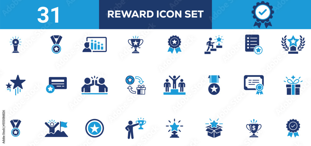 Fototapeta premium Solid Reward Icons Collection Achievement, Prize, Gift Box, Certificate and Awards, Medals, Gifts, Trophies, Badges, and Achievements