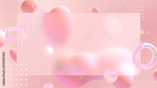 四角いガラスのコピースペースがあるグラスモーフィズム風の立体空間 - ピンク