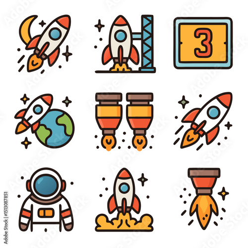Colorful Rocket Launch Icons: Space Exploration and Adventure Graphics