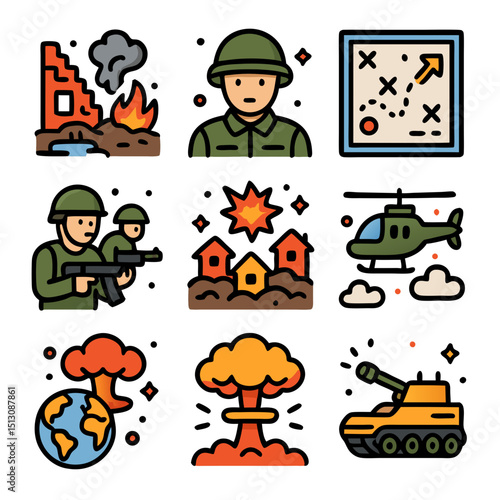 Military Conflict Icons: Soldiers, Explosions, and Warfare