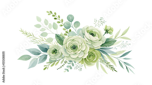 Romantic watercolor floral arrangement featuring burgundy and green roses with elegant leaves for posters, wedding invites, greeting cards, and nature-themed compositions