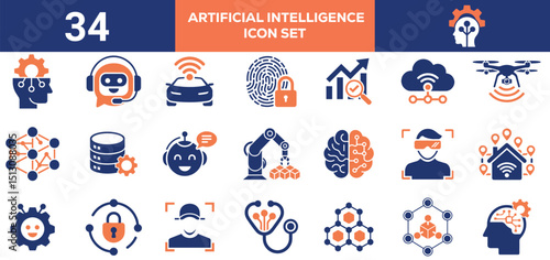 Artificial Intelligence Vector Icons Easily Editable Set with Tech, Innovation, Robot, and Machine Learning, Robotics, Innovation, and Artificial Intelligence Vector Graphics
