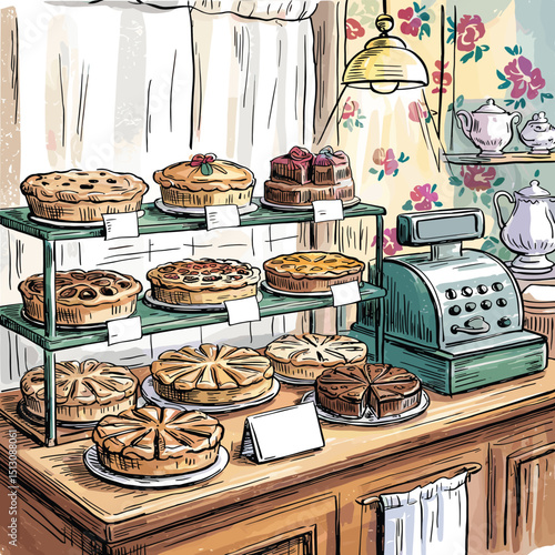 Vintage Bakery Shop Illustration Delicious Pies and Cakes on Display