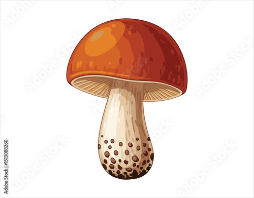 An isolated vector of an autumn fungus with a dome-shaped orange-brown top and a speckled beige stalk.

