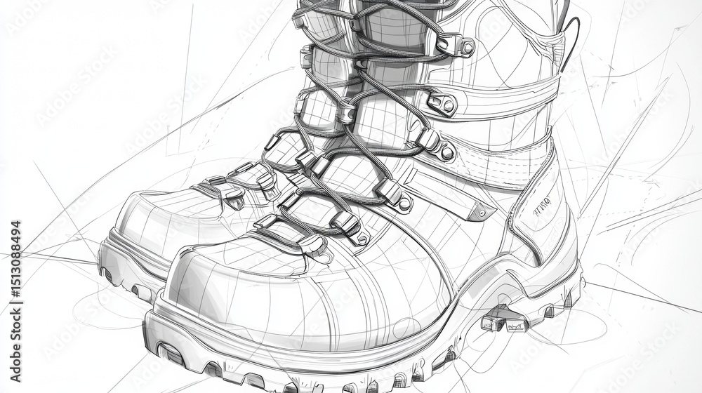 Obraz premium Detailed design sketch of hiking boots highlighting features and construction techniques for outdoor enthusiasts and designers