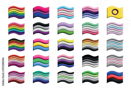 Set of colorful 3d LGBTQ+ pride flags Gender equality and sexual identity pride flags collection LGBTQIA community pride month