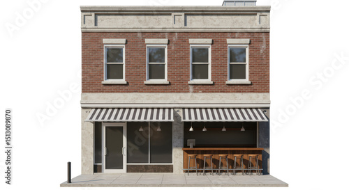 Isolated Two-Story Brick Building Facade with Awning and Bar Setup