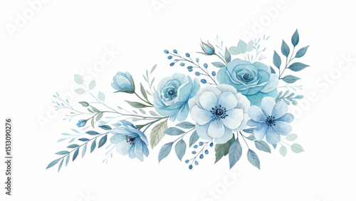 Teal blue floral botanical watercolor illustration set featuring isolated flax flowers and artistic hand-painted floral elements perfect for elegant designs and nature-inspired decor