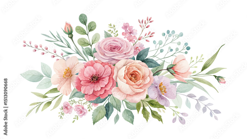 Fototapeta premium Watercolor arrangements of roses in a beautiful garden-inspired collection. Pink flowers with leaves and branches. Hand-painted botanical illustration isolated on white background