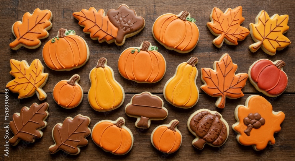 Fototapeta premium Autumnal Sugar Cookies with Pumpkins and Leaves