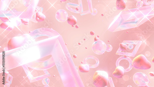 ガラスや流体が浮かぶキラキラしたグラスモーフィズム風の立体空間 - ピンク