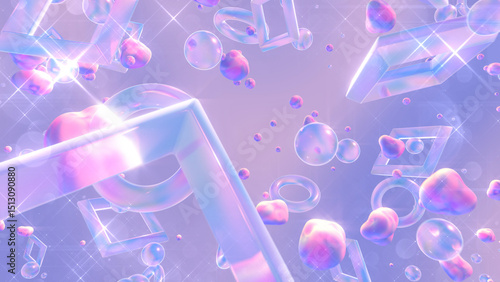 ガラスや流体が浮かぶキラキラしたグラスモーフィズム風の立体空間 - パープル
