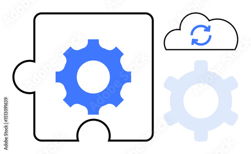 Gear inside puzzle piece with cloud synchronization icon. Ideal for teamwork, process optimization, cloud computing, data integration, automation, digital transformation, software updates. Flat